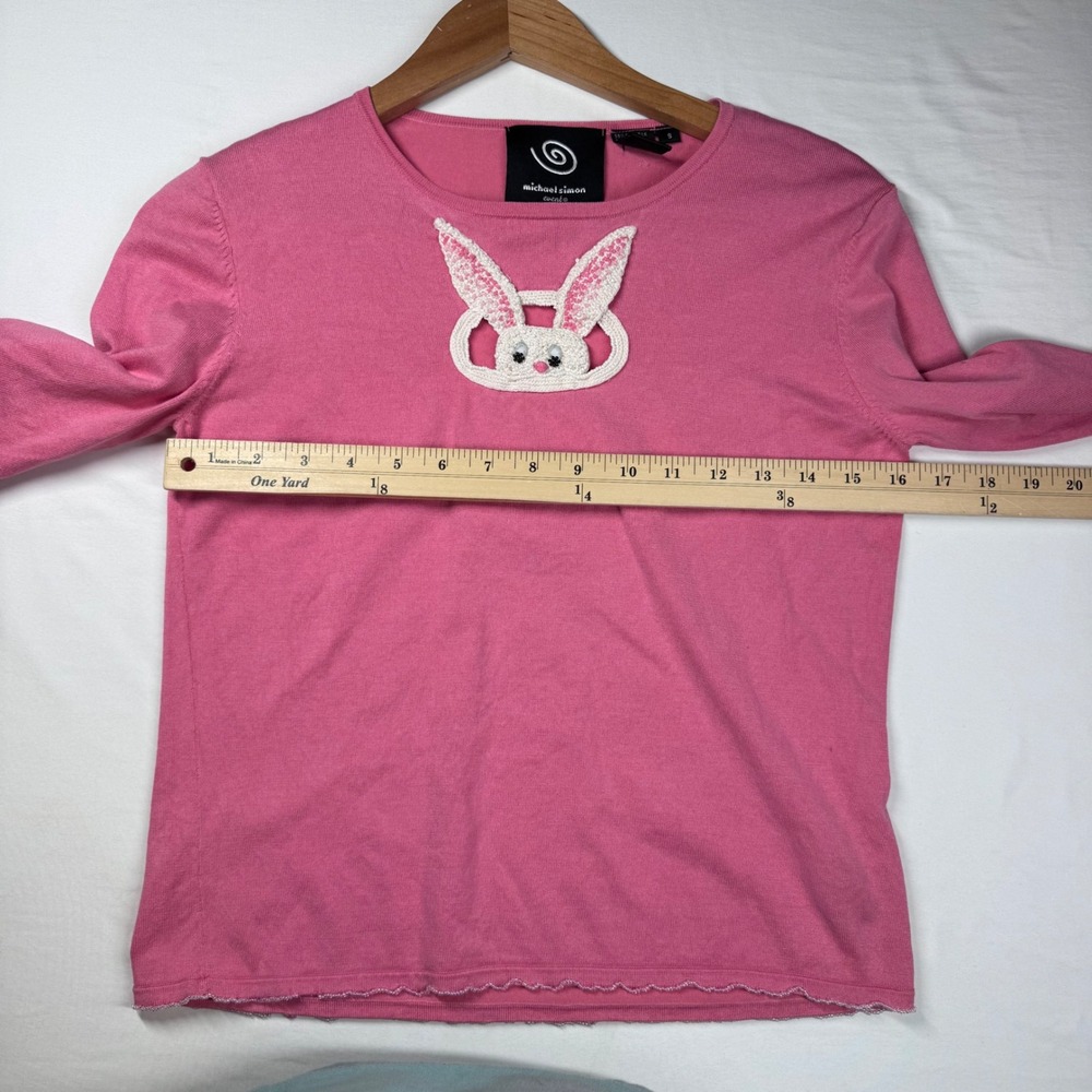Vtg Michael Simon Sweater S Pink Silk Blend Bunny Rabbit Beaded Easter Y2K READ - Picture 4 of 13
